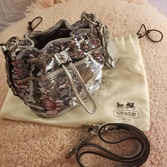 Rare Silver Sequin Coach Mini Bucket Purse - Picture 2 of 10